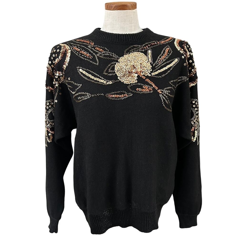 Vintage Christine Gerard Black Sequin Beaded Sweater M 80s Glam Party Dolman